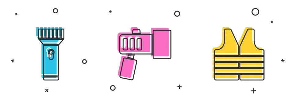 Set Flashlight, and Life jacket icon. Vector Stockillustratie