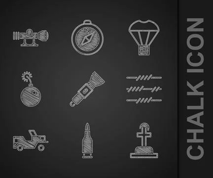Set Flashlight, Bullet, Soldier grave, Barbed wire, Military jeep, Bomb ready to Stock Illustration