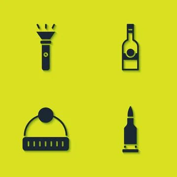 Set Flashlight, Bullet, Winter hat and Bottle of vodka icon. Vector Stock Illustration