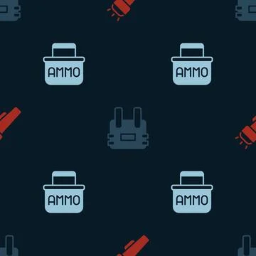 Set Flashlight, Bulletproof vest and Ammunition box on seamless pattern. Vector Stock Illustration
