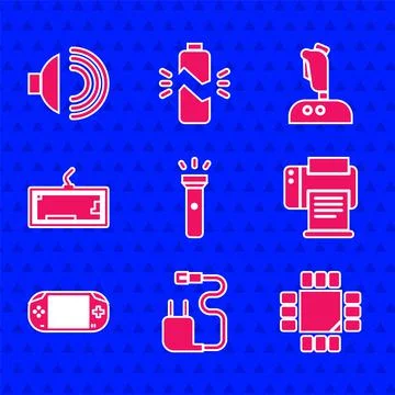 Set Flashlight, Charger, Processor with microcircuits CPU, Printer, Portable Stock Illustration