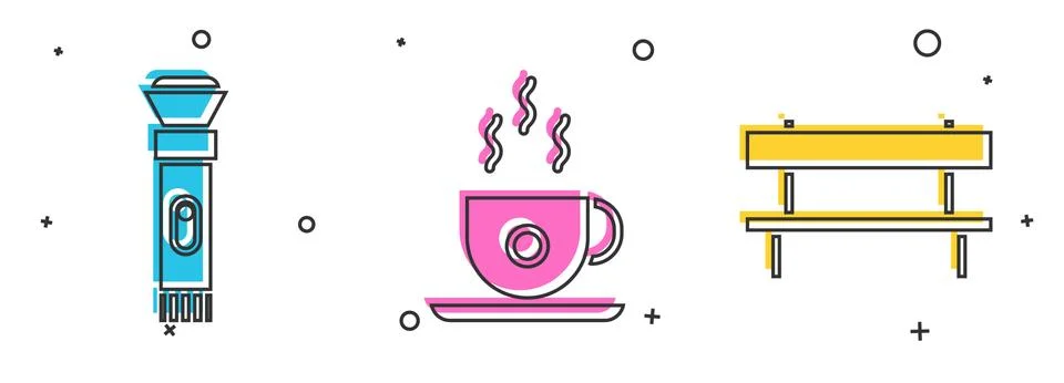 Set Flashlight, Coffee cup and Bench icon. Vector Ilustración de archivo