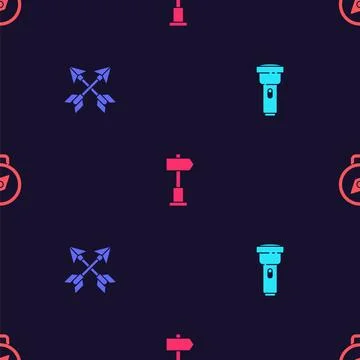 Set Flashlight, Crossed arrows, Road traffic signpost and Compass on seamless イラスト素材