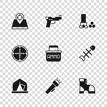 Set Flashlight, Dead fish, Hunter boots, Ammunition box, Cartridges, place,.. Stock Illustration