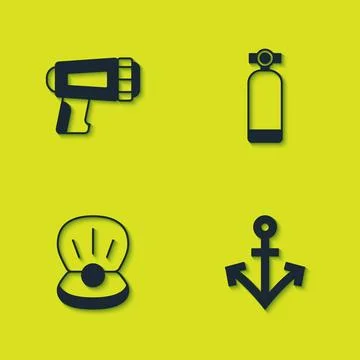 Set Flashlight for diver, Anchor, Pearl and Aqualung icon. Vector Illustrazione stock