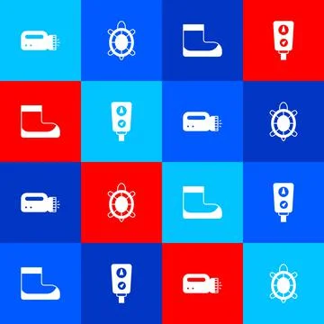 Set Flashlight for diver, Turtle, Boots and Gauge scale icon. Vector Stock Illustration