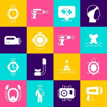 Set Flashlight for diver, Turtle, Whale tail, Flippers swimming, Aqualung, .. Stock Illustration