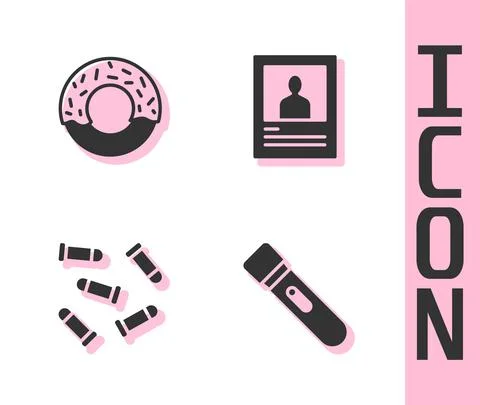 Set Flashlight, Donut, Bullet and Wanted poster icon. Vector Stock Illustration