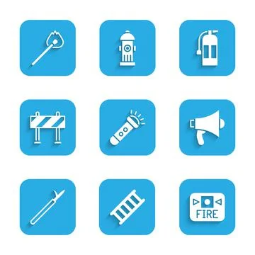 Set Flashlight, Fire escape, alarm system, Megaphone, Metal pike pole, Road Stock Illustration