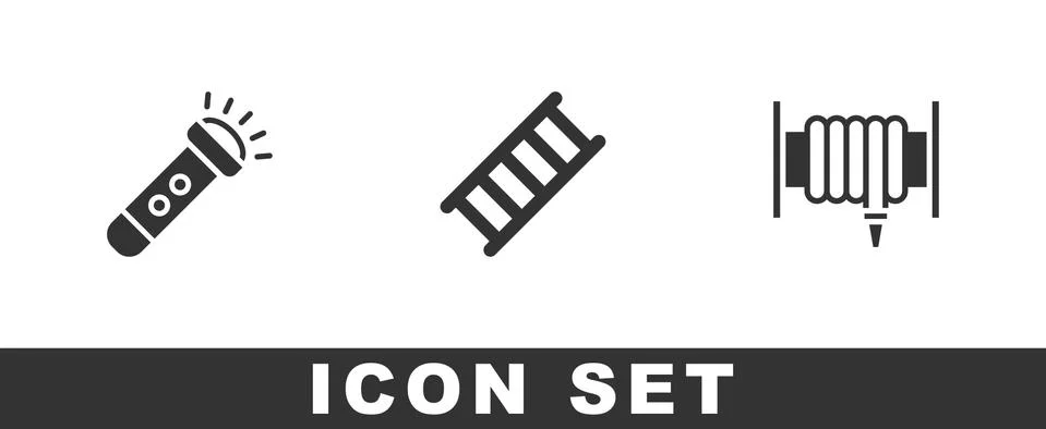 Set Flashlight, Fire escape and hose reel icon. Vector Stock Illustration