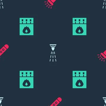 Set Flashlight, Fire sprinkler and Matchbox and matches on seamless pattern イラスト素材