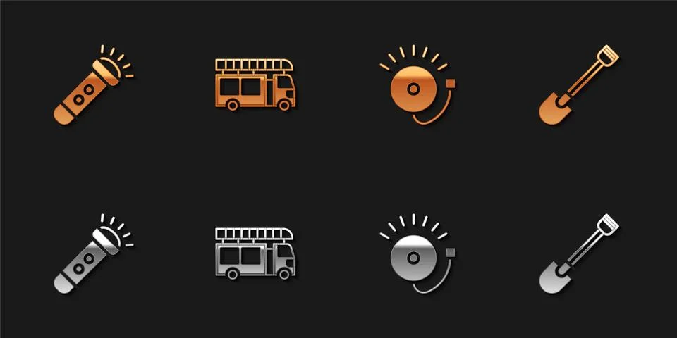 Set Flashlight, Fire truck, Ringing alarm bell and shovel icon. Vector Stock Illustration