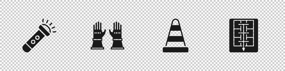 Set Flashlight, Firefighter gloves, Traffic cone and Evacuation plan icon Stock Illustration