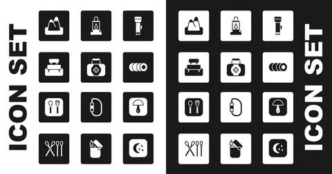 Set Flashlight, First aid kit, Bench, Mountains, Blanket roll, Camping lantern Ilustración de archivo