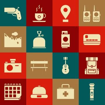 Set Flashlight, Hiking backpack, Credit card, Location, Camping gas stove Ilustración de archivo