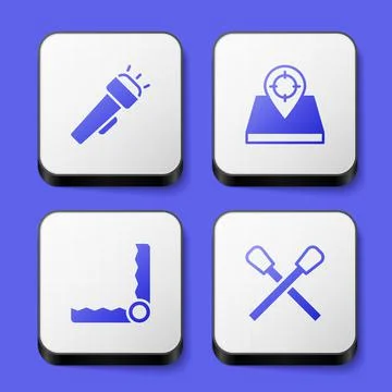 Set Flashlight, Hunt place, Trap hunting and Burning match with fire icon. White Stock-Illustration