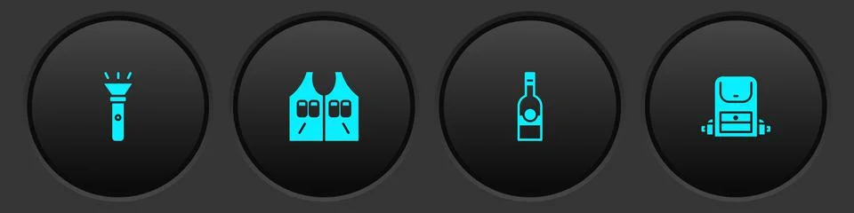 Set Flashlight, Hunting jacket, Bottle of vodka and Hiking backpack icon. Vector イラスト素材