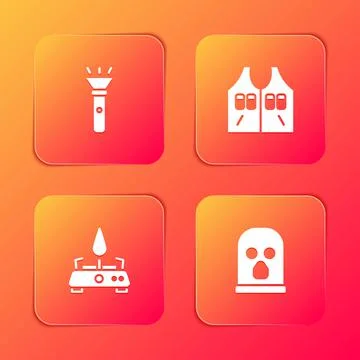 Set Flashlight, Hunting jacket, Camping gas stove and Balaclava icon. Vector Stockillustratie