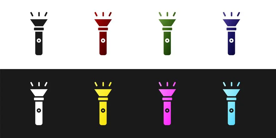Set Flashlight icon isolated on black and white background. Vector Stock Illustration
