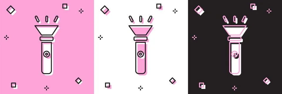Set Flashlight icon isolated on pink and white, black background. Vector Illustrazione stock