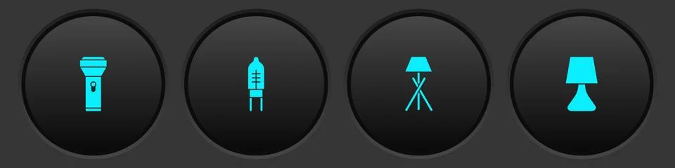 Set Flashlight, Light emitting diode, Floor lamp and Table icon. Vector Stock Illustration