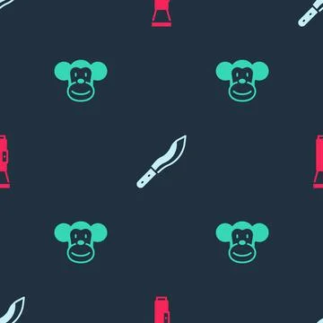 Set Flashlight, Machete and Monkey on seamless pattern. Vector Stock Illustration