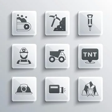 Set Flashlight, Mine entrance, Dynamite, Mining dump truck, Miner helmet Illustrazione stock
