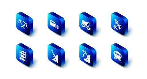 Set Flashlight, Mining dump truck, Gem stone, Mine coal trolley, Pickaxe, Shovel Ilustração Stock