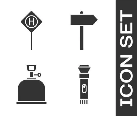 Set Flashlight, Parking, Camping gas stove and Road traffic signpost icon Ilustración de archivo