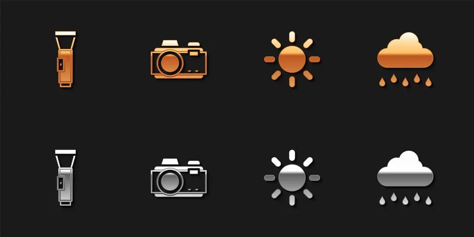 Set Flashlight, Photo camera, Sun and Cloud with rain icon. Vector Stock Illustration