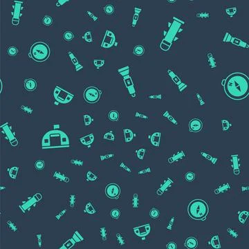 Set Flashlight, Rocket, Military barracks and Compass on seamless pattern Stock Illustration