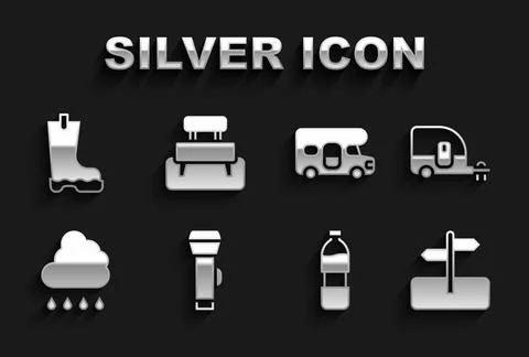 Set Flashlight, Rv Camping trailer, Road traffic sign, Bottle of water, Clo.. Ilustración de archivo