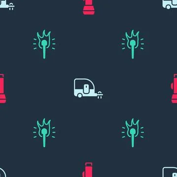 Set Flashlight, Rv Camping trailer and Torch flame on seamless pattern. Vecto 스톡 일러스트