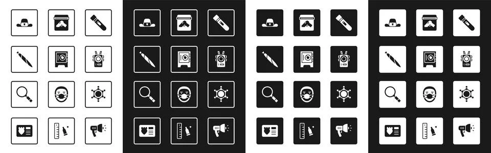 Set Flashlight, Safe, Marijuana joint, Sheriff hat with badge, Police body Illustrazione stock