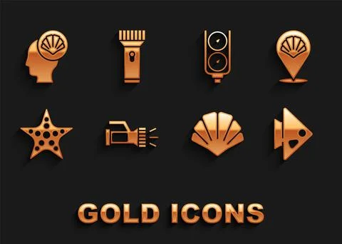 Set Flashlight, Scallop sea shell, Fish, Starfish, Gauge scale, and icon. Vector Illustrazione stock
