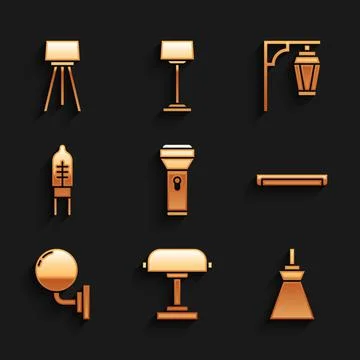 Set Flashlight, Table lamp, Lamp hanging, Fluorescent, Wall sconce, Light Stock Illustration