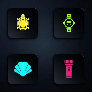 Set Flashlight, Turtle, Scallop sea shell and Diving watch. Black square button Stock Illustration