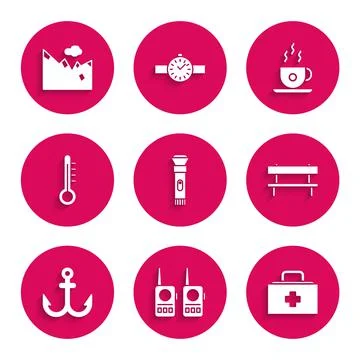 Set Flashlight, Walkie talkie, First aid kit, Bench, Anchor, Meteorology Ilustración de archivo
