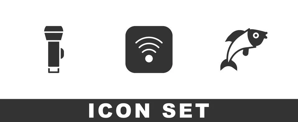 Set Flashlight, Wi-Fi wireless internet and Fish icon. Vector Stock Illustration
