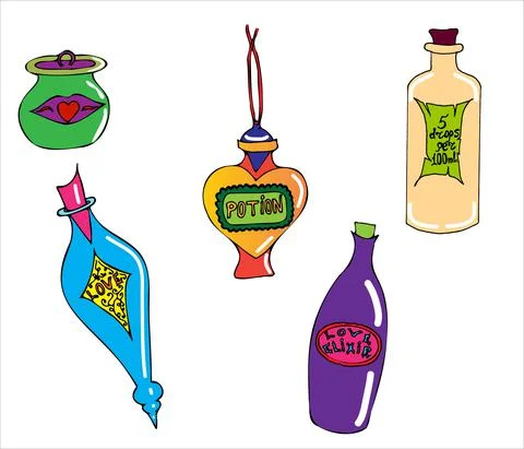 Set of flasks with poison and love potion, colorful bottles for elixir Stock Illustration