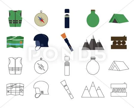 Set Of Flat Adventure Traveling Icons. Camping Elements. Flat And Thin Line