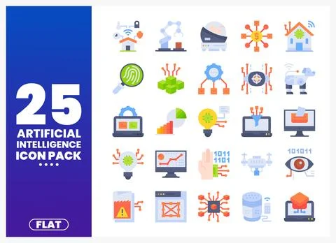 Set of flat AI icons showing technology concepts in digital space Illustrazione stock