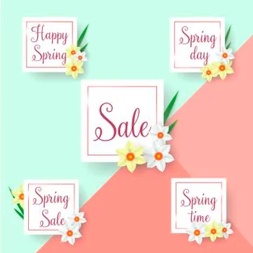 Set of flat and hand drawn spring cards and labels for season sale. Spring Sale. Stock Illustration