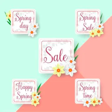 Set of flat and hand drawn spring cards and labels for season sale. Spring Sale Stock Illustration
