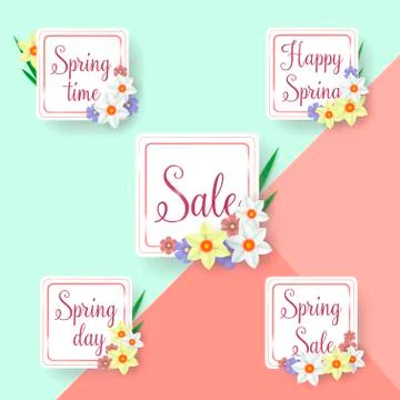 Set of flat and hand drawn spring cards and labels for season sale. Spring Sale Stock Illustration