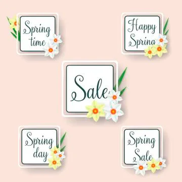 Set of flat and hand drawn spring cards and labels for season sale. Spring Sale Stock Illustration