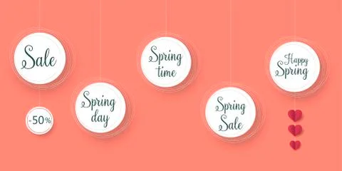 Set of flat and hand drawn spring cards and labels for season sale. Spring Sale Stock Illustration