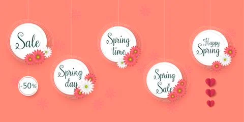 Set of flat and hand drawn spring cards and labels for season sale. Spring Sale Stock Illustration
