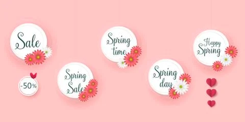 Set of flat and hand drawn spring cards and labels for season sale. Spring Sale Stock Illustration