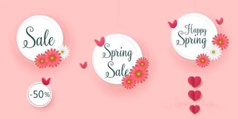 Set of flat and hand drawn spring cards and labels for season sale. Spring Sale Stock Illustration